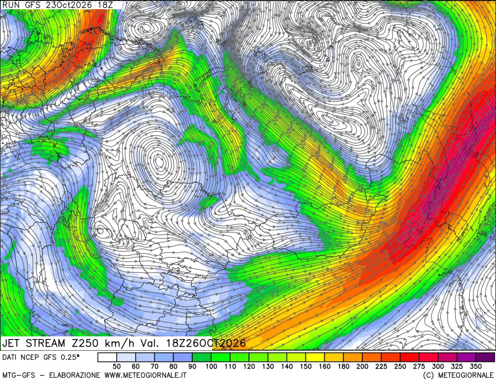 mappa 250 hPa Jet stream