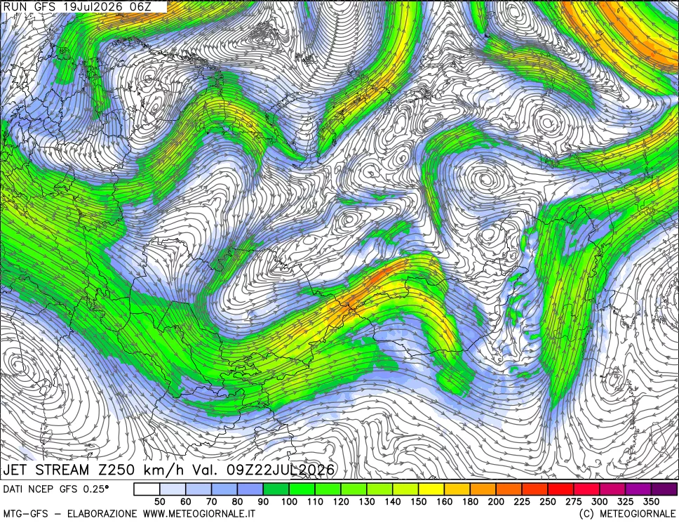 mappa 250 hPa Jet stream