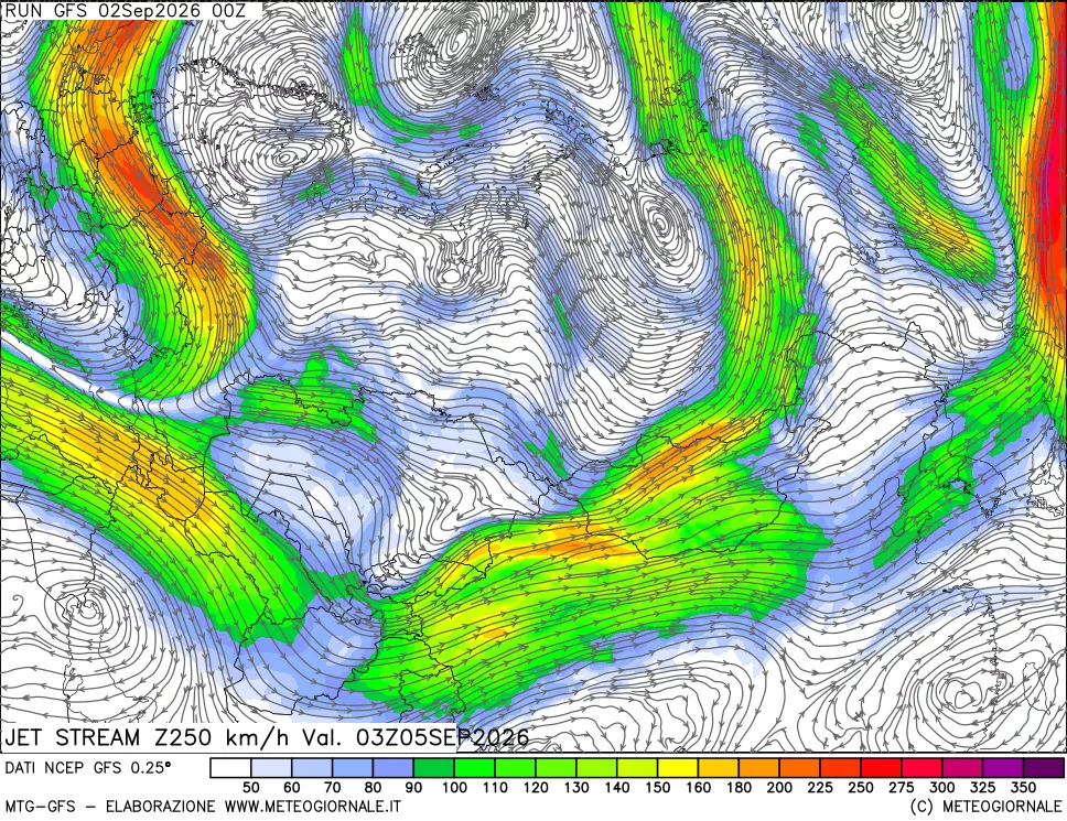 mappa 250 hPa Jet stream