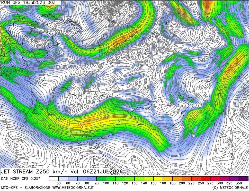 mappa 250 hPa Jet stream