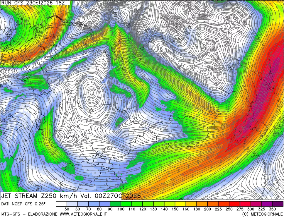mappa 250 hPa Jet stream