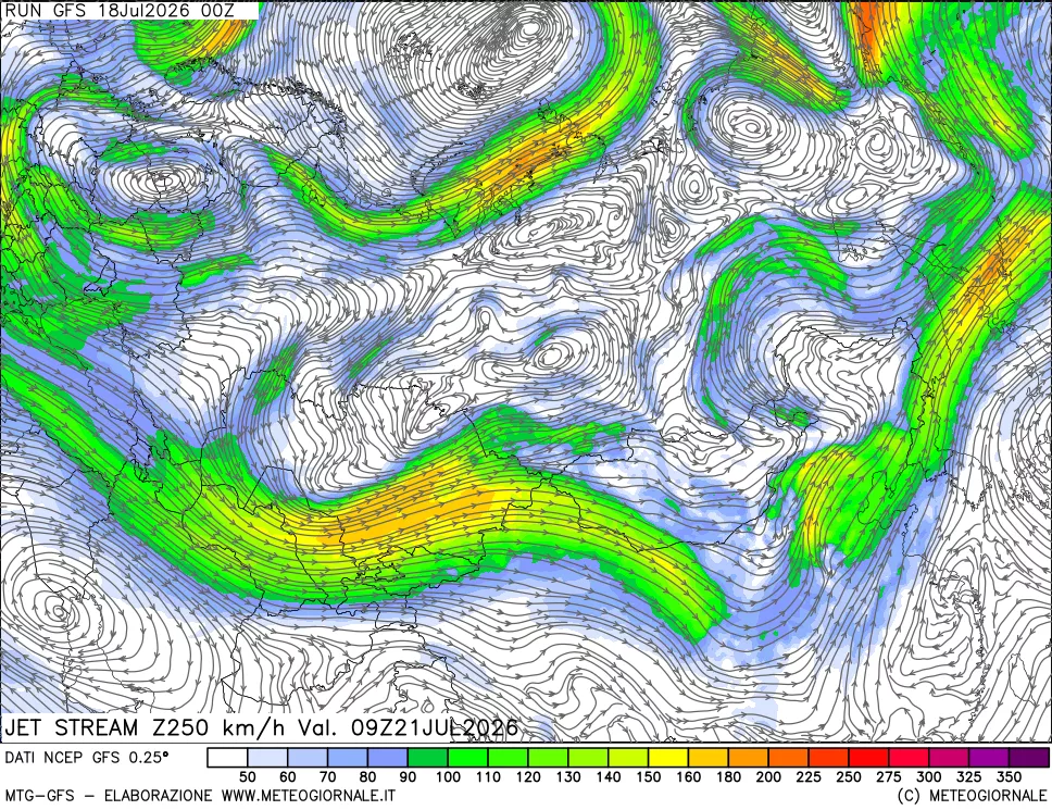 mappa 250 hPa Jet stream
