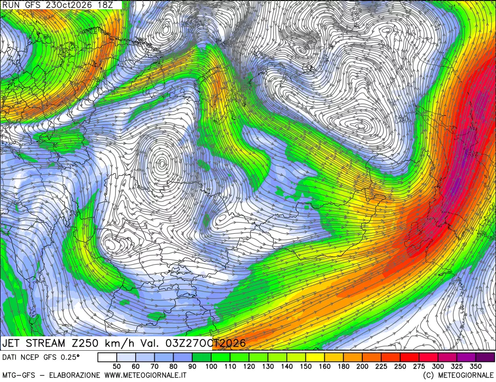 mappa 250 hPa Jet stream
