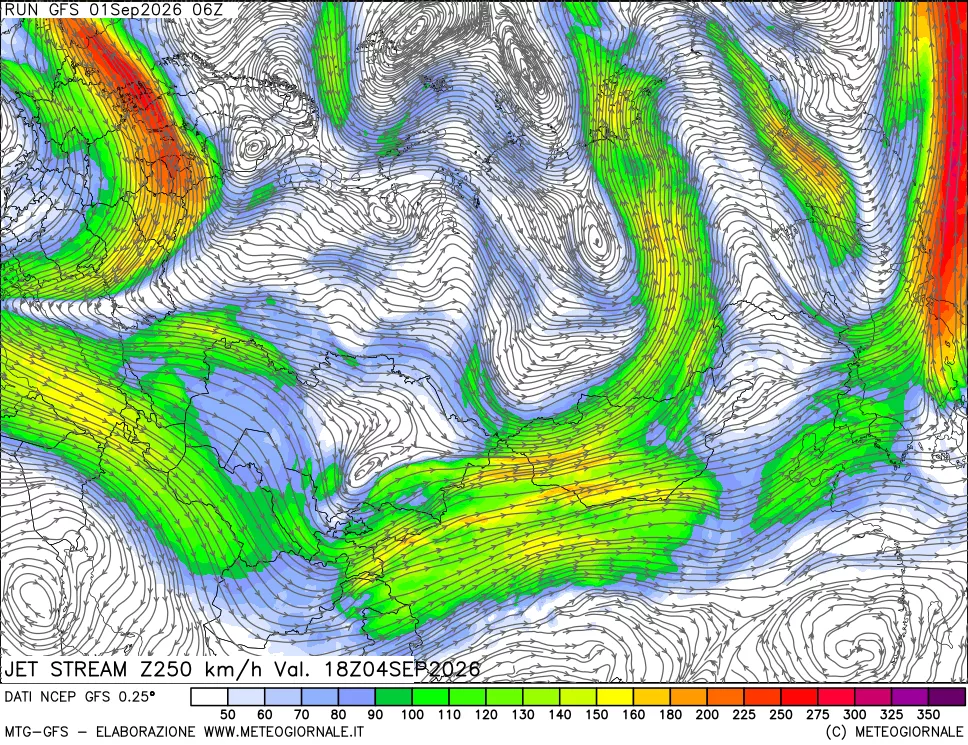 mappa 250 hPa Jet stream