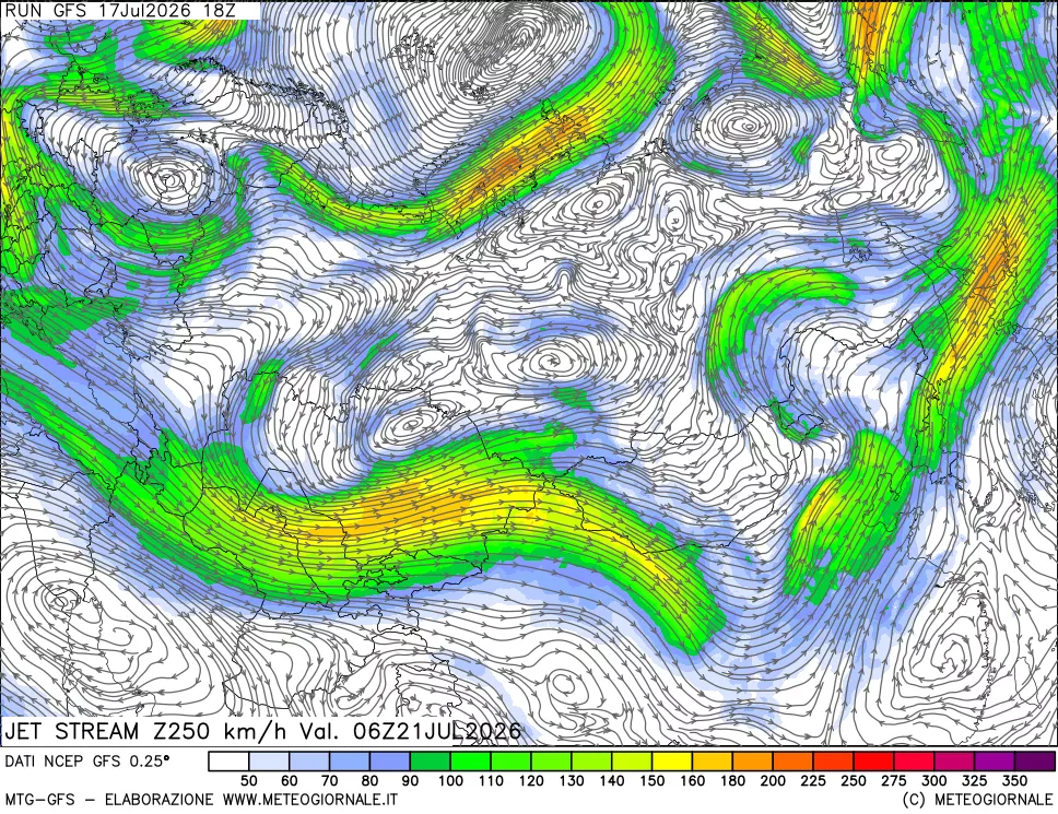 mappa 250 hPa Jet stream