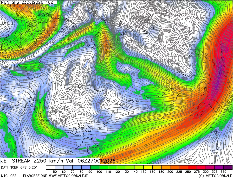 mappa 250 hPa Jet stream