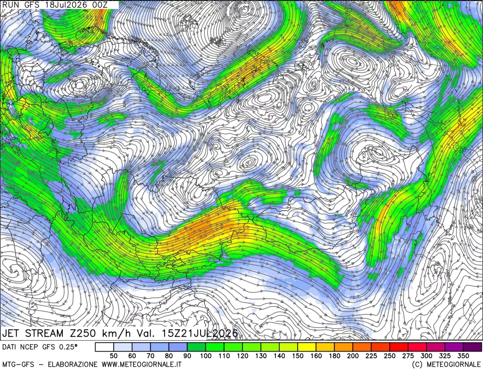 mappa 250 hPa Jet stream
