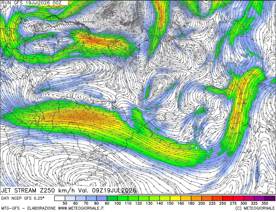 mappa 250 hPa Jet stream