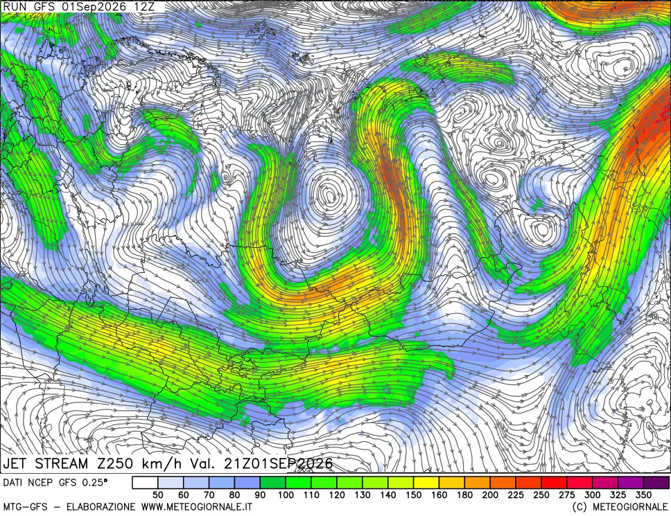 mappa 250 hPa Jet stream