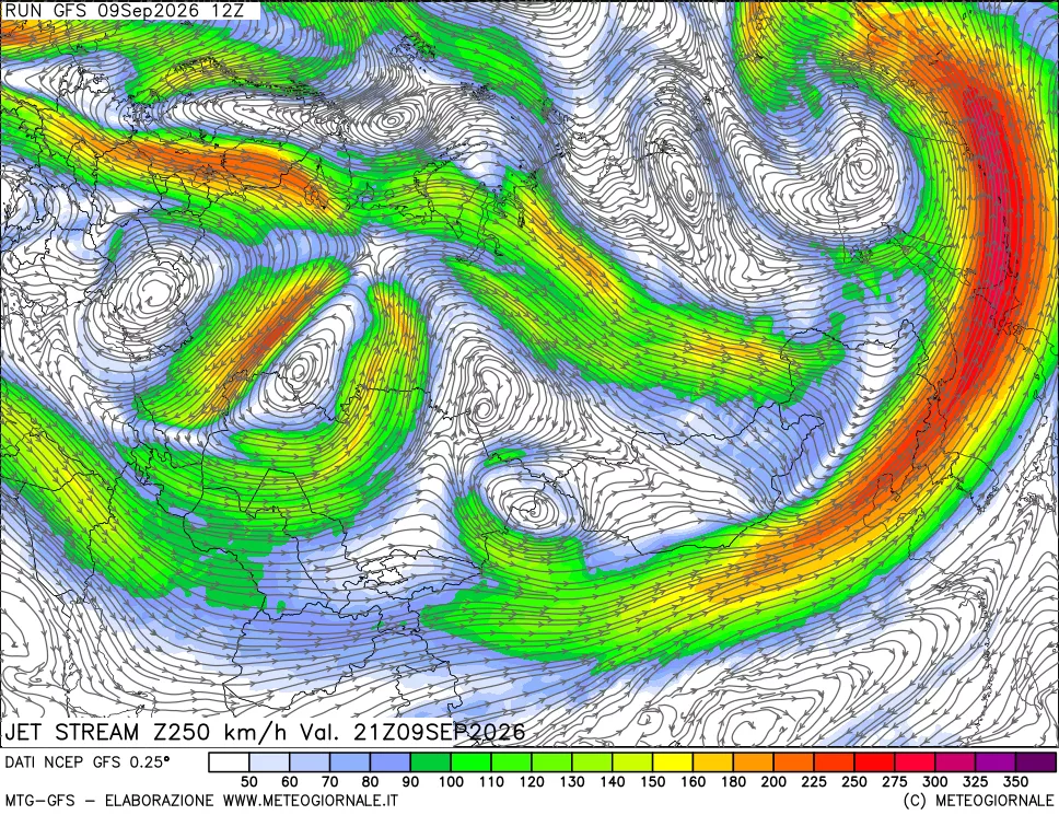 mappa 250 hPa Jet stream