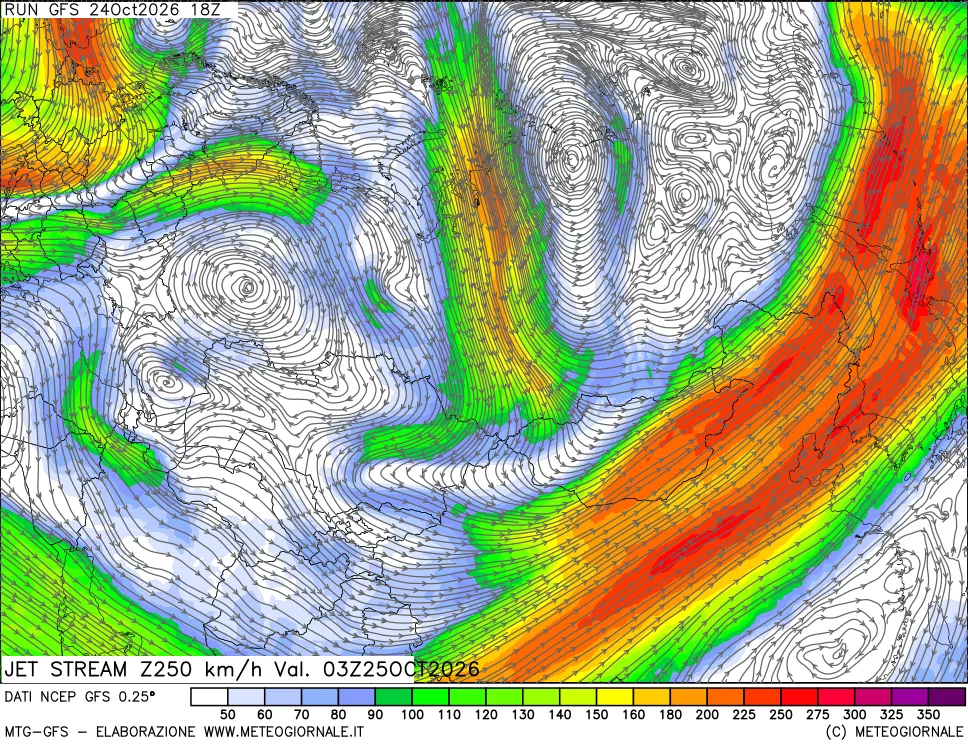 mappa 250 hPa Jet stream