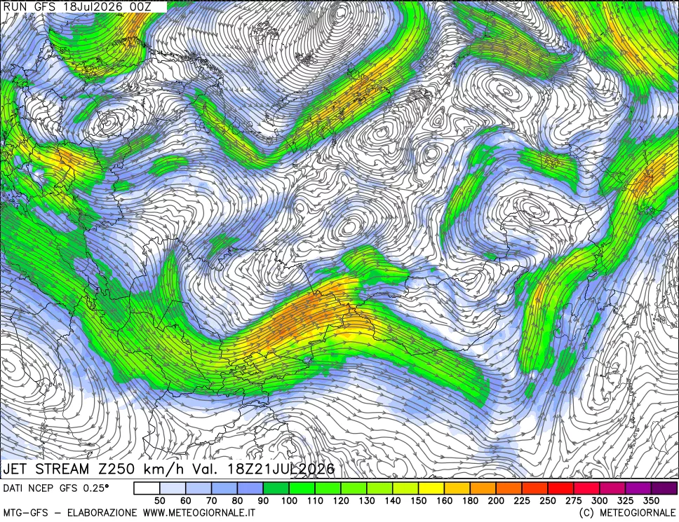 mappa 250 hPa Jet stream