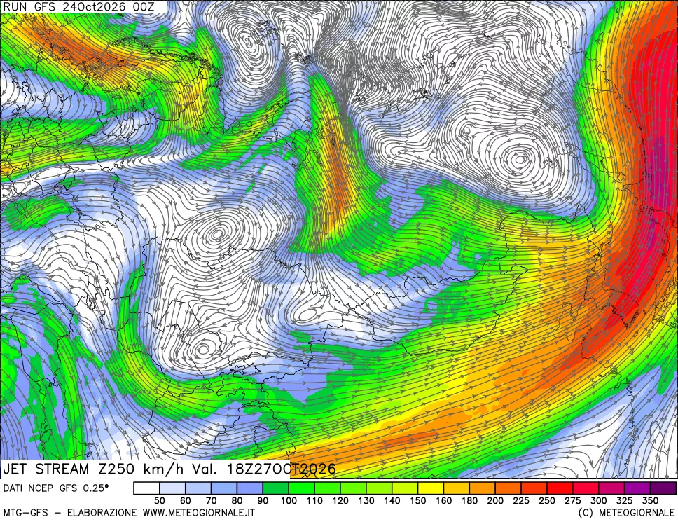 mappa 250 hPa Jet stream