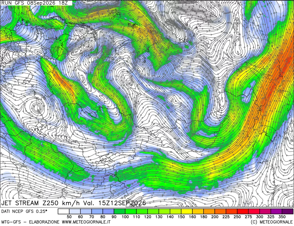 mappa 250 hPa Jet stream