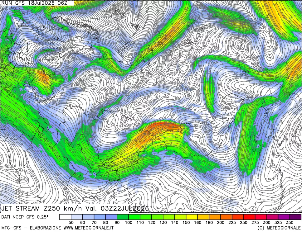 mappa 250 hPa Jet stream
