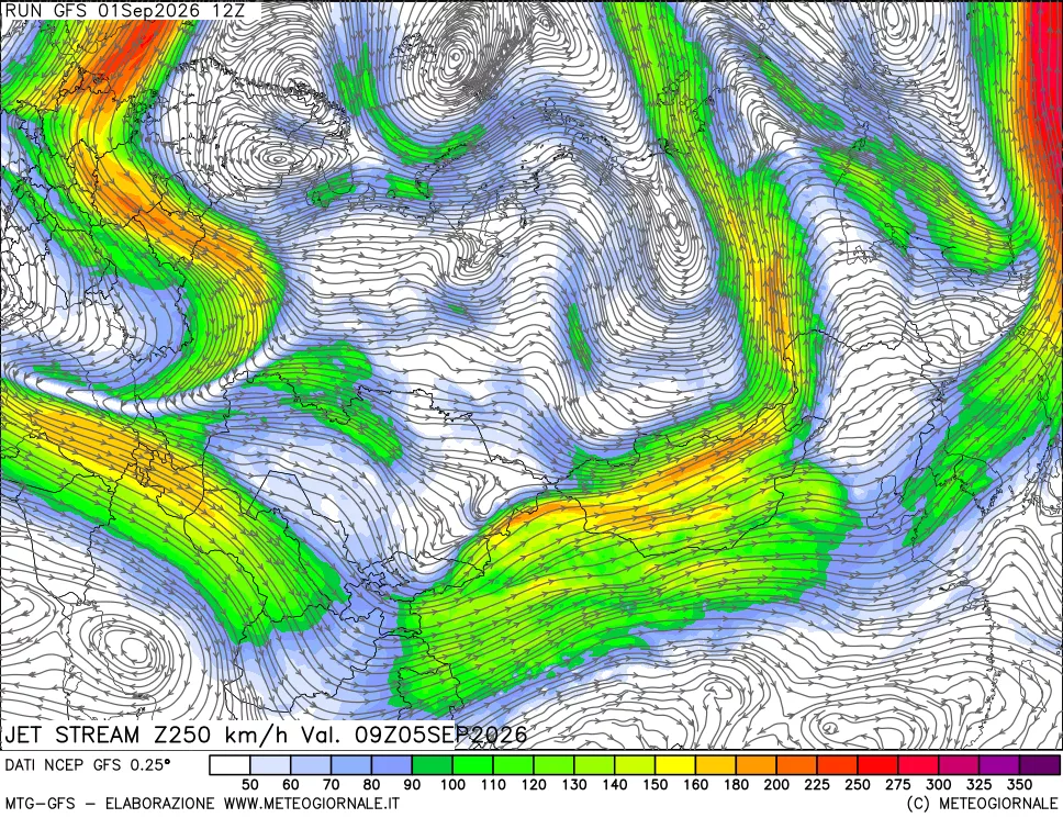mappa 250 hPa Jet stream
