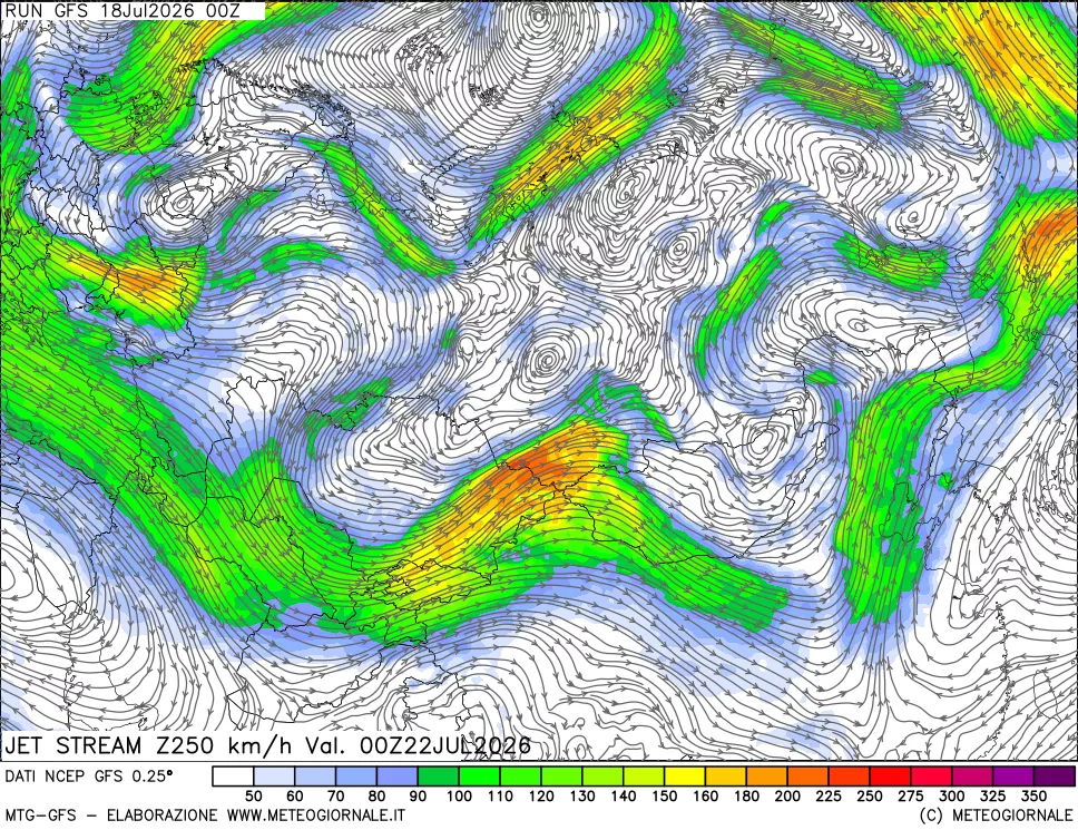 mappa 250 hPa Jet stream
