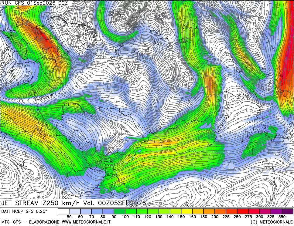 mappa 250 hPa Jet stream