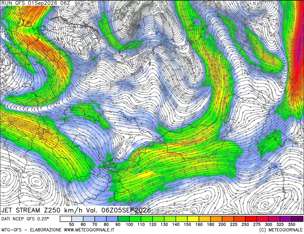 mappa 250 hPa Jet stream