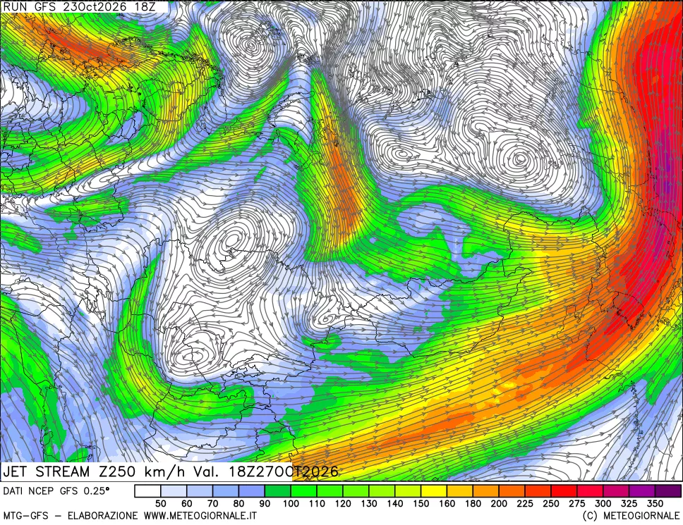 mappa 250 hPa Jet stream