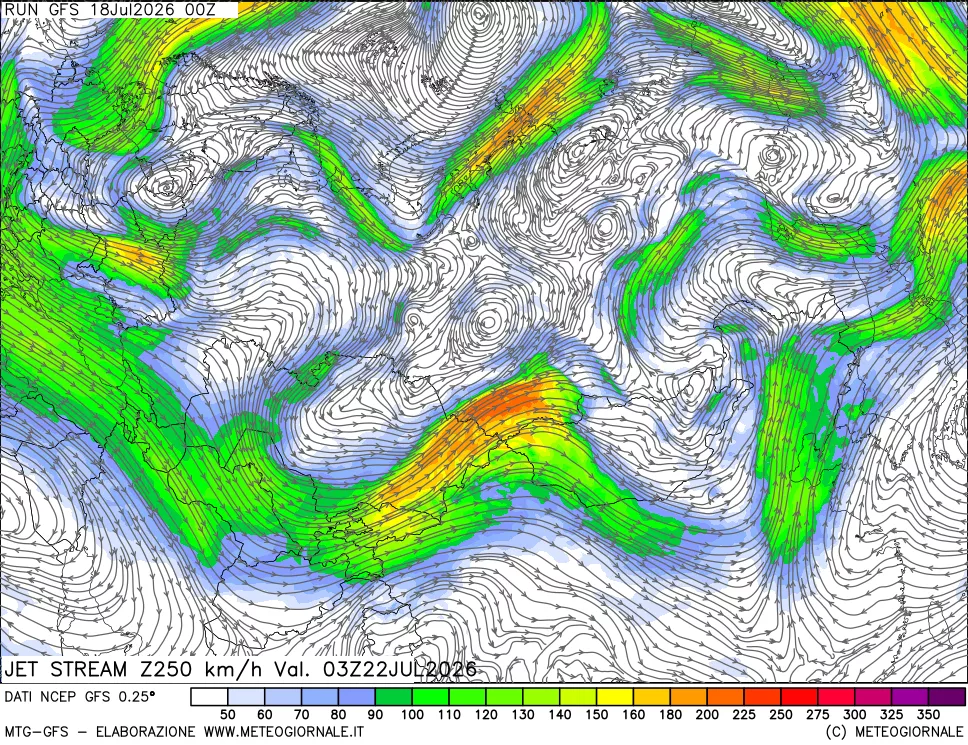 mappa 250 hPa Jet stream