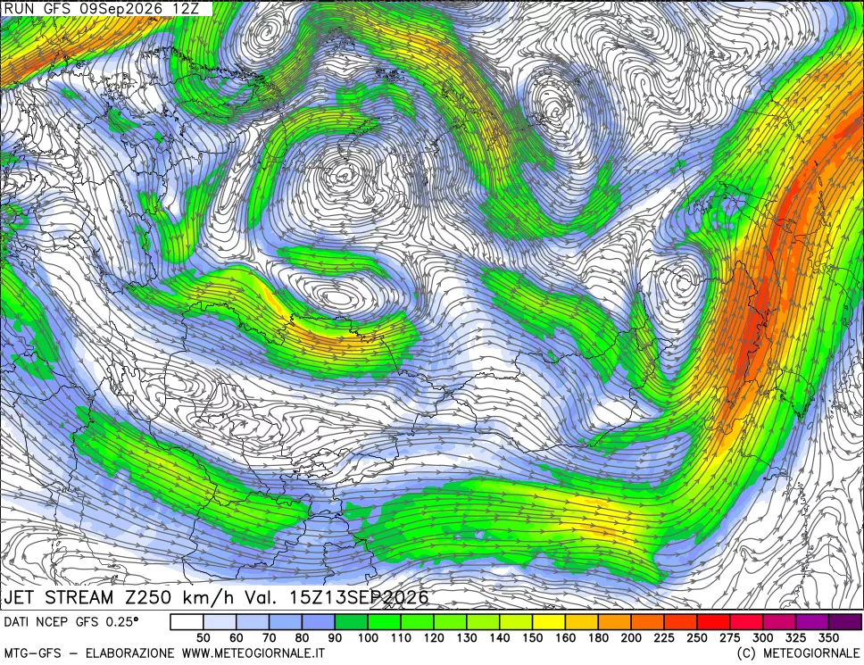 mappa 250 hPa Jet stream