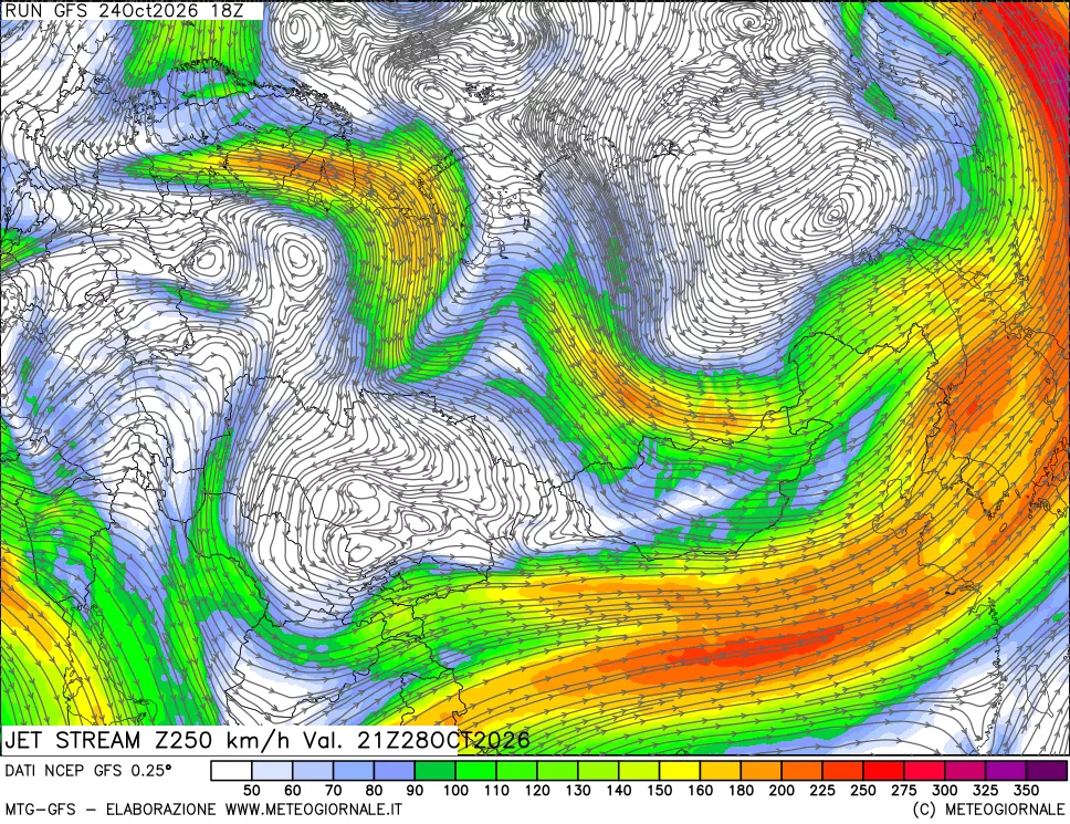 mappa 250 hPa Jet stream