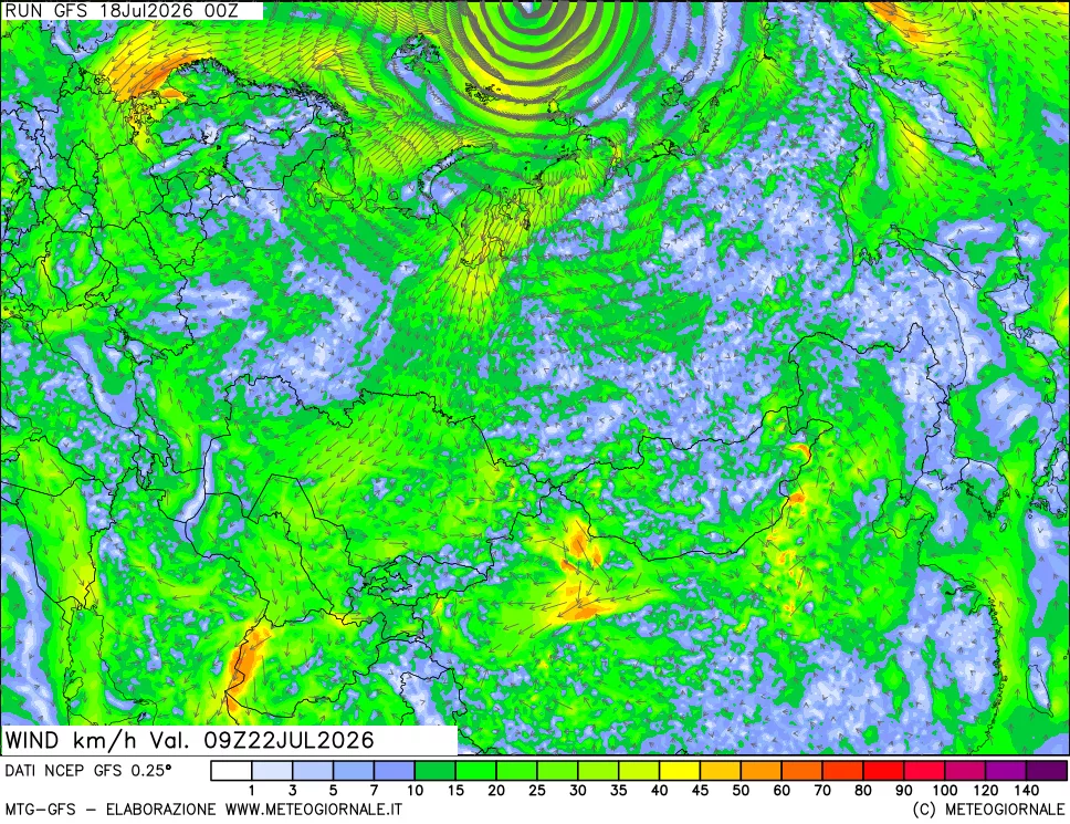 mappa 10 m Vento forza e direzione