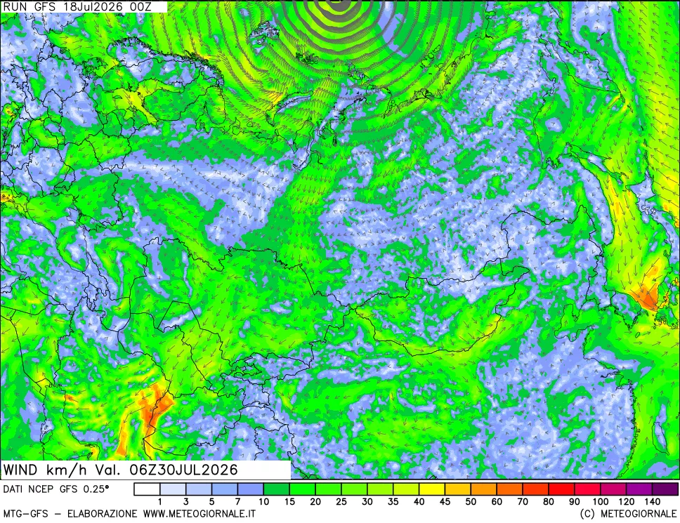 mappa 10 m Vento forza e direzione