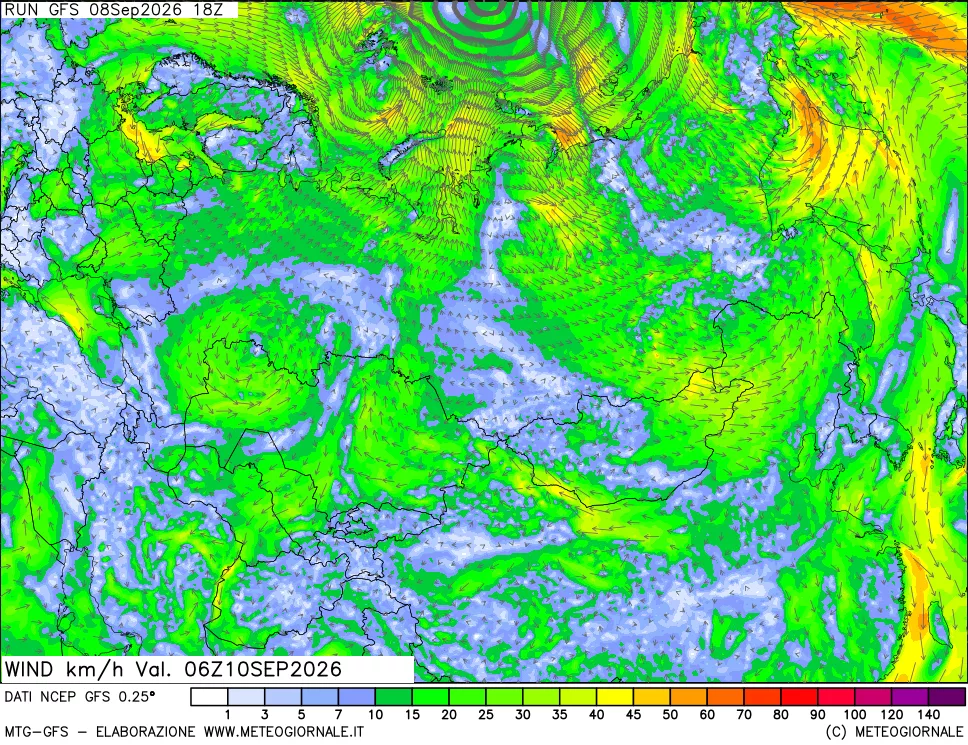 mappa 10 m Vento forza e direzione