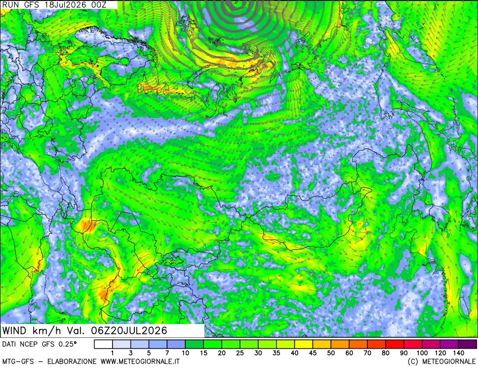 mappa 10 m Vento forza e direzione