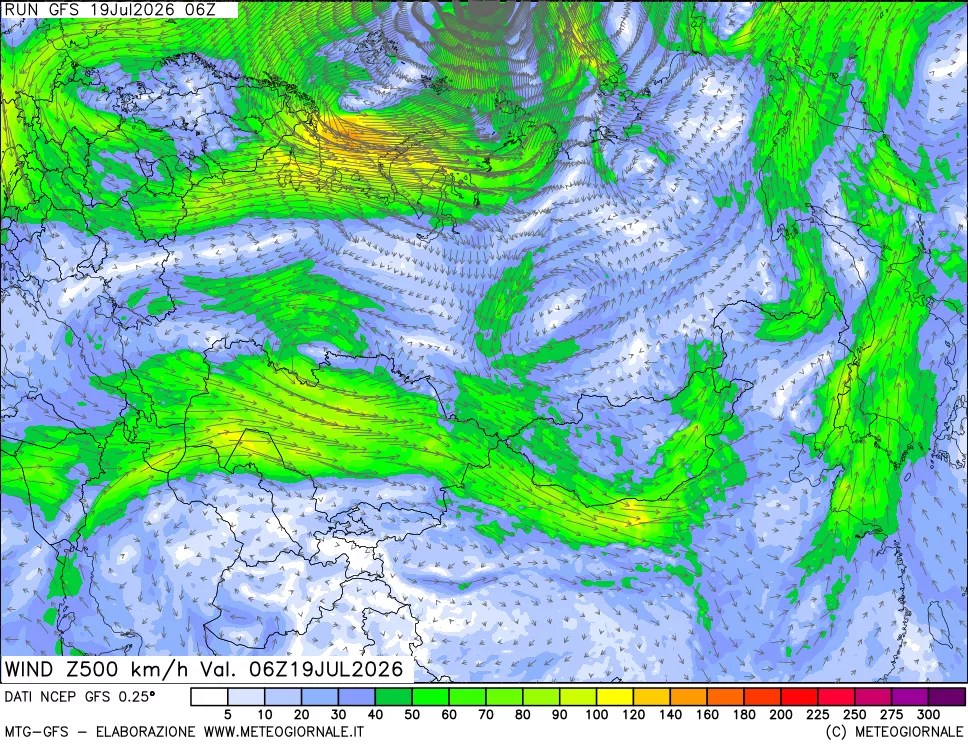 mappa 500 hPa Vento forza e direzione