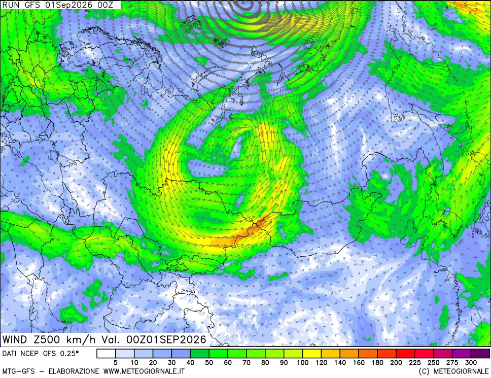 mappa 500 hPa Vento forza e direzione