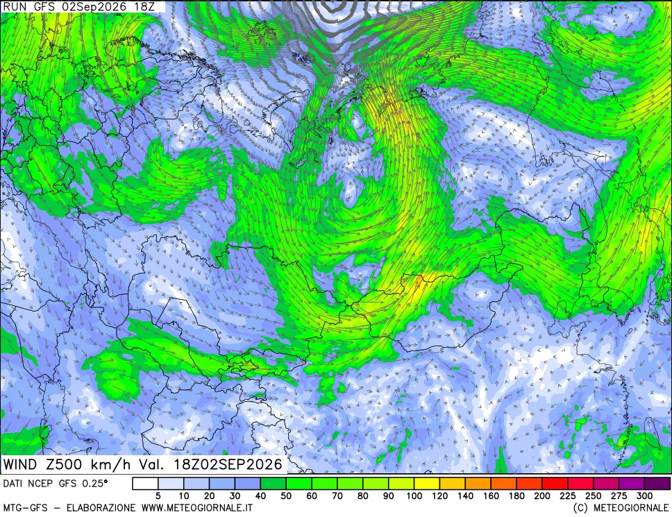 mappa 500 hPa Vento forza e direzione