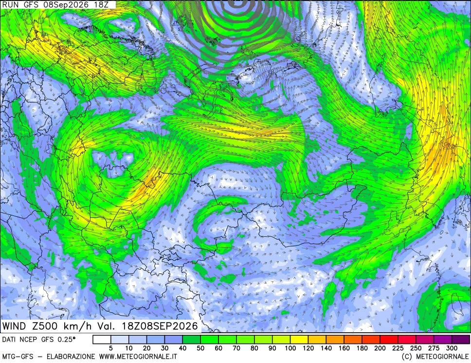 mappa 500 hPa Vento forza e direzione