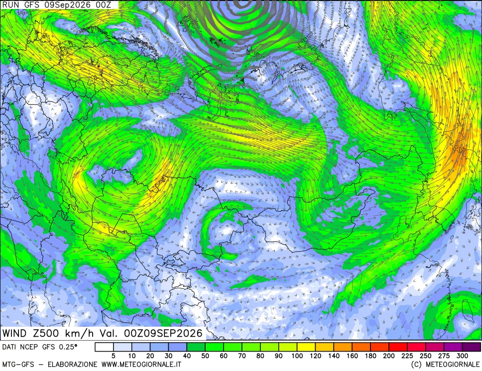 mappa 500 hPa Vento forza e direzione