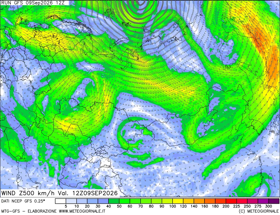 mappa 500 hPa Vento forza e direzione