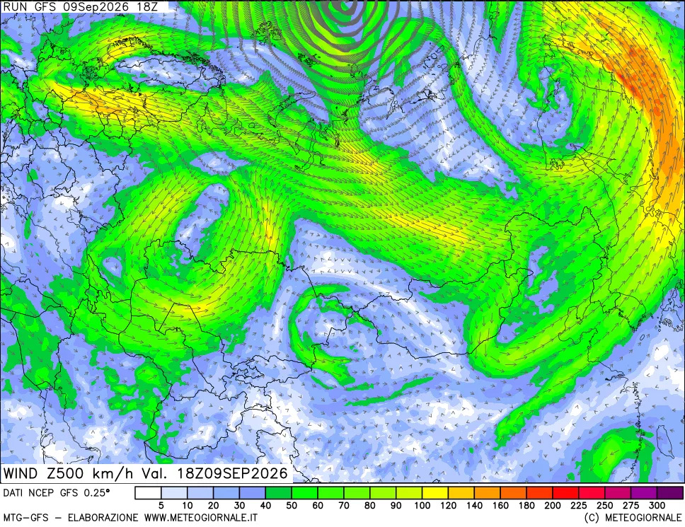 mappa 500 hPa Vento forza e direzione