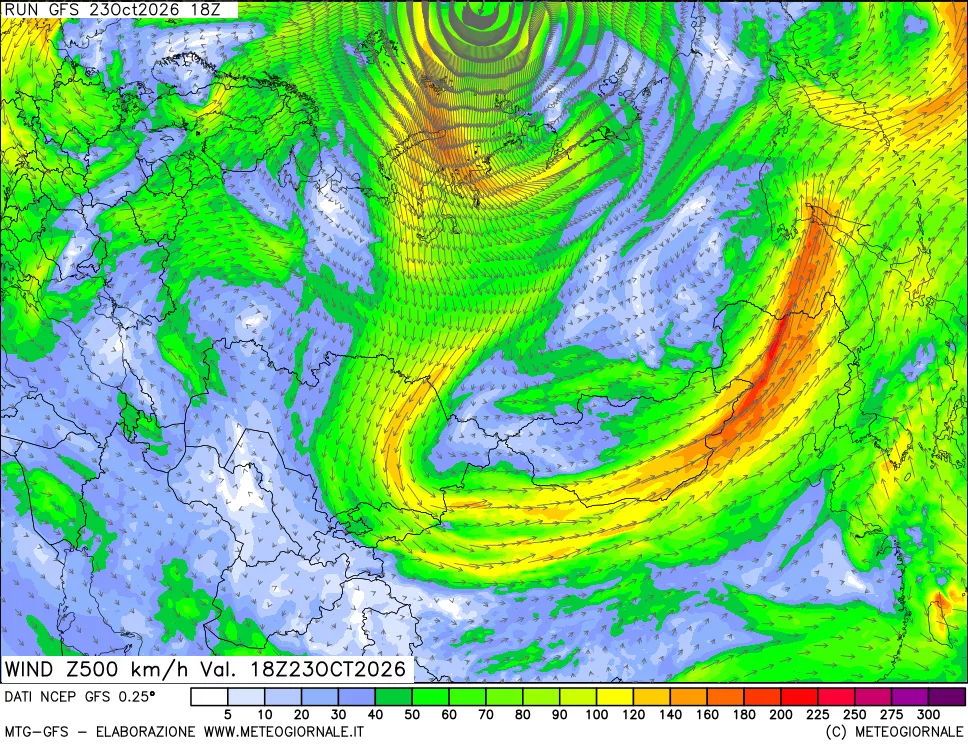 mappa 500 hPa Vento forza e direzione