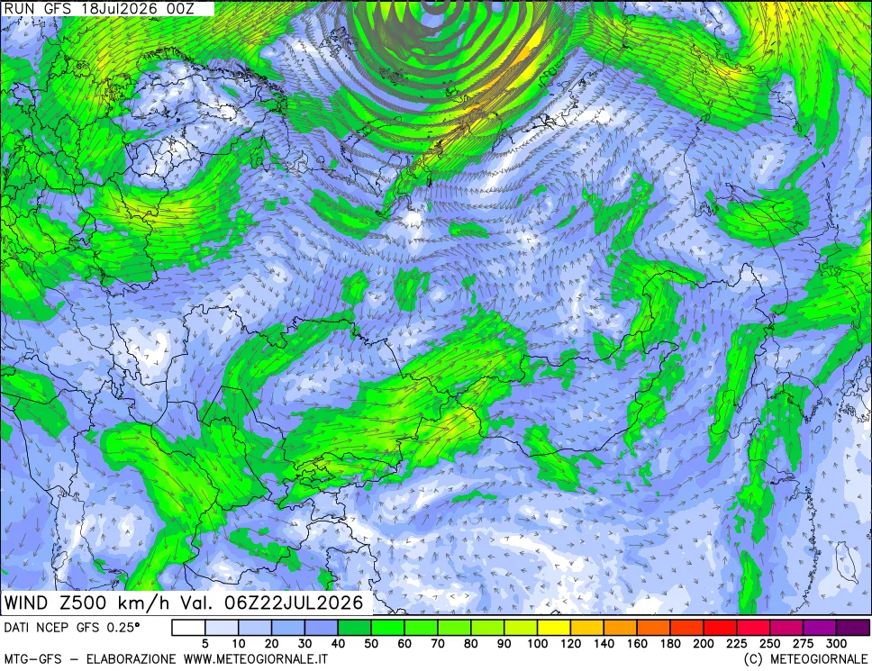 mappa 500 hPa Vento forza e direzione