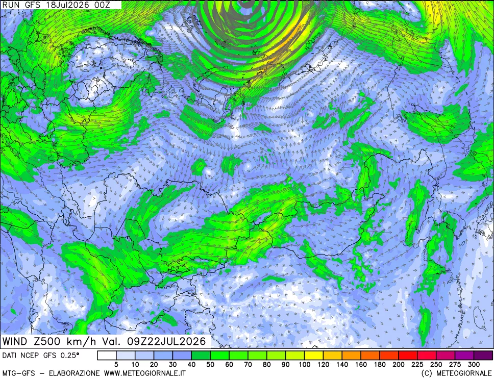 mappa 500 hPa Vento forza e direzione
