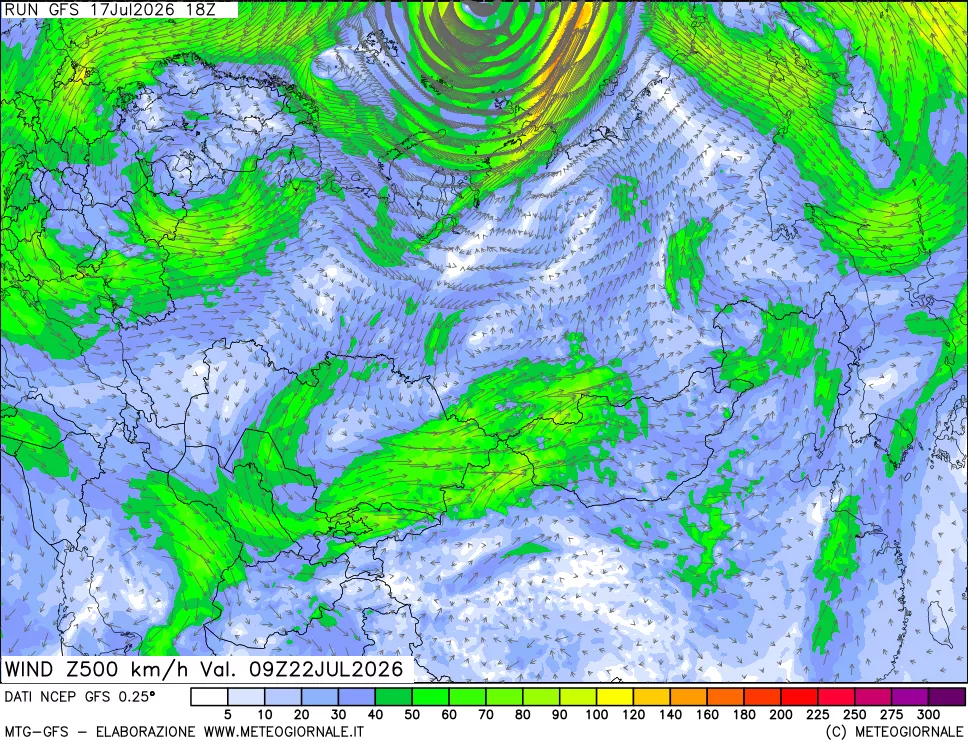mappa 500 hPa Vento forza e direzione