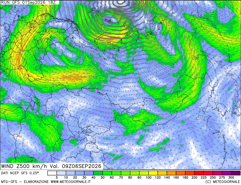 mappa 500 hPa Vento forza e direzione