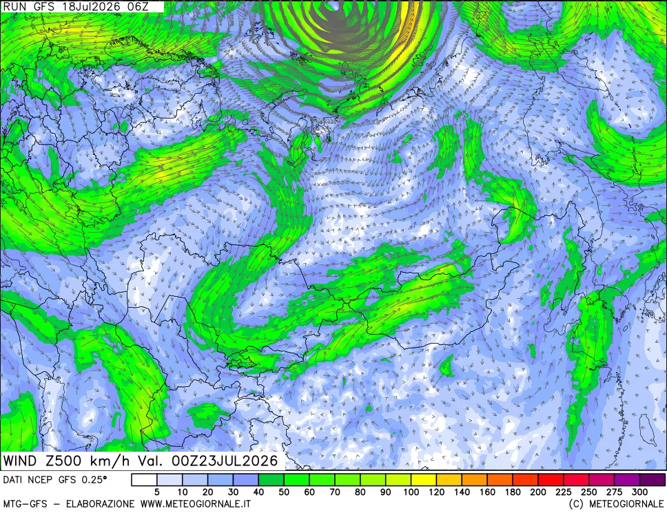 mappa 500 hPa Vento forza e direzione