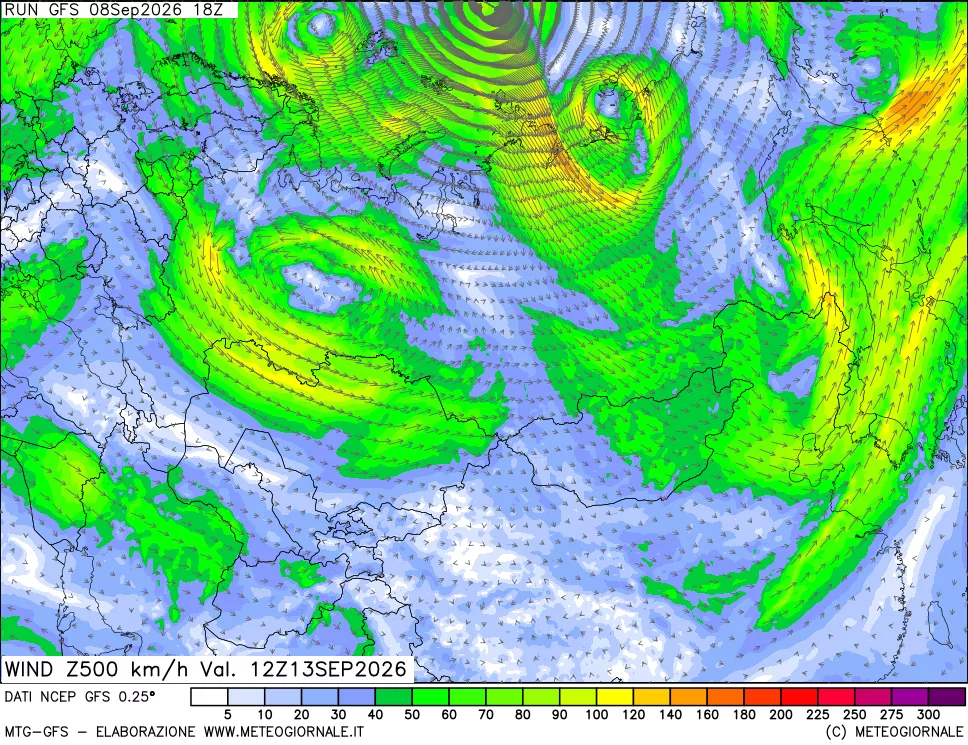 mappa 500 hPa Vento forza e direzione