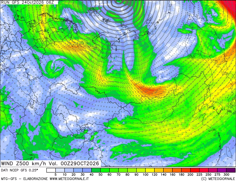 mappa 500 hPa Vento forza e direzione