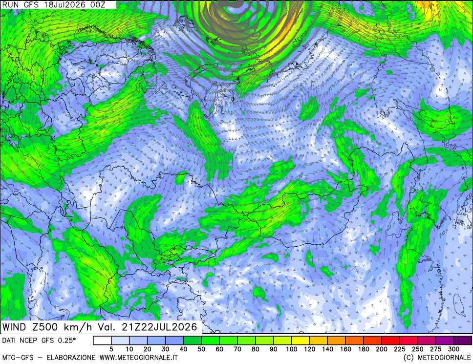 mappa 500 hPa Vento forza e direzione