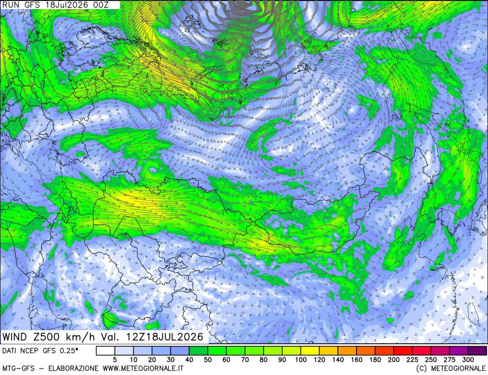 mappa 500 hPa Vento forza e direzione