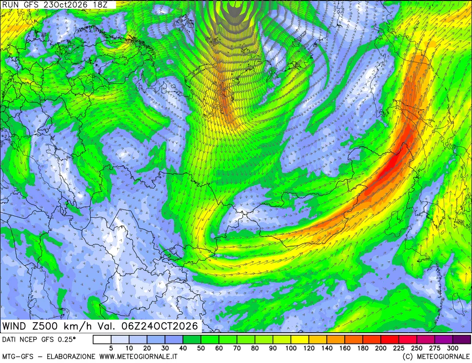 mappa 500 hPa Vento forza e direzione