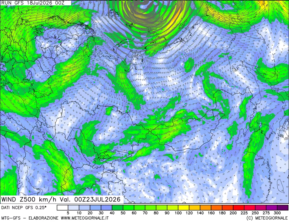 mappa 500 hPa Vento forza e direzione